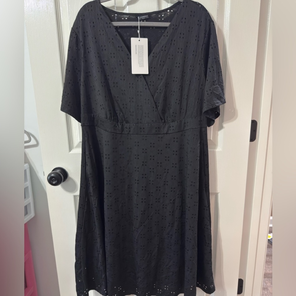 BloomChic Black Eyelet Wrap Midi Dress